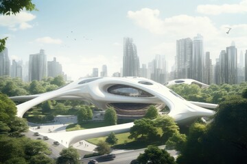 Futuristic central park building city architecture.