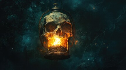 Canvas Print - Flaming Skull Lantern Hanging in a Dark Forest