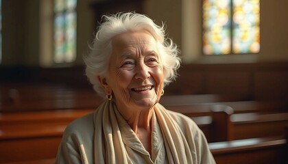 A sweet old lady in a softly lit church radiates kindness and serenity, dressed modestly with a warm smile.