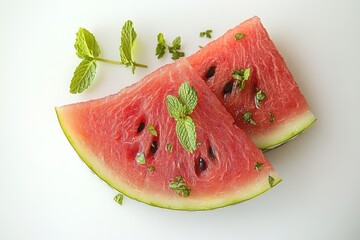 Two slices of watermelon garnished with mint leaves on a white background.