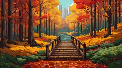 Wall Mural - A pixel art scene of a dense forest in autumn, with trees ablaze in shades of red, orange, and yellow