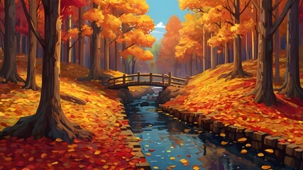 Wall Mural - A pixel art scene of a dense forest in autumn, with trees ablaze in shades of red, orange, and yellow