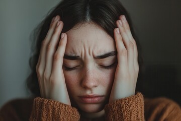 Aufkleber - With closed eyes and furrowed brows, a person conveys stress and anxiety while holding their head in a softly lit indoor space. Generative AI