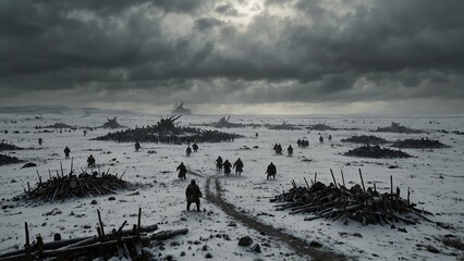 Wall Mural - A battlefield frozen in time, with warriors suspended in combat, surrounded by a still, grey sky.