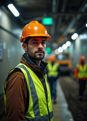 Wall Mural - A young male construction engineer in a hard hat oversees an underground metro tunnel, exuding determination amid blurred workers.