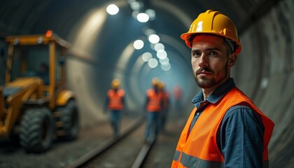 Wall Mural - A young male construction engineer in a hard hat oversees an underground metro tunnel, exuding determination amid blurred workers.