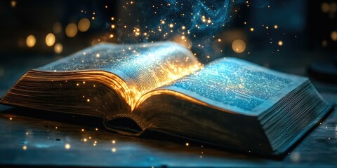 Wall Mural - Open book glowing with magical light.