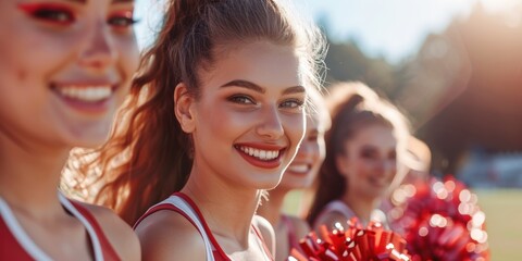 Wall Mural - Group of women cheerleaders in training outdoors, engaged in dance and performance exercises. United in a dynamic formation, they exude happiness and energy during a sports event