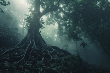 Sticker - Big tree in jungle land vegetation rainforest.