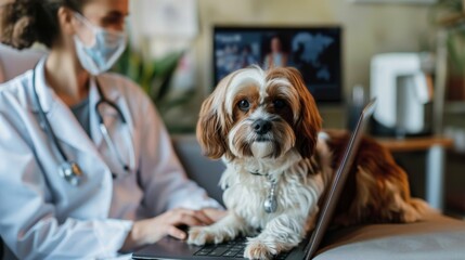 A veterinarian in a white coat conducts a telehealth consultation with a dog patient, demonstrating the convenience and accessibility of modern veterinary care.