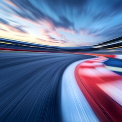 Poster - A dynamic view of a racetrack during a vibrant sunset, showcasing speed and motion.