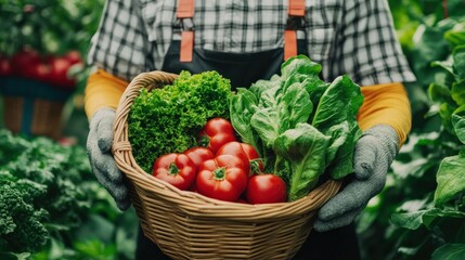 A man is holding a basket full of vegetables, including tomatoes and greens