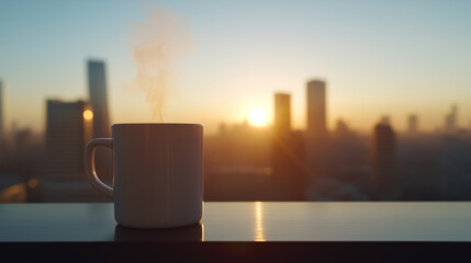  White coffee mug with steam rising and urban skyline at sunrise,  fresh start  morning routine