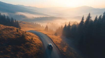 One car in dynamic moving on the mountains road. Drone view, Beautiful landscape and forest background in sunrise time.