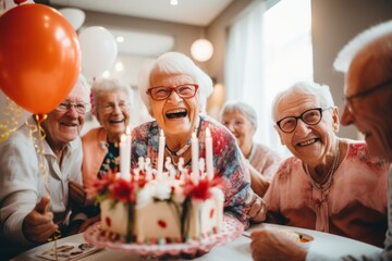 Wall Mural - Portrait of smiling diverse seniors celebrating birthday in nursing home