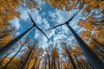 Green field with forest and white wind turbines against a blue sky