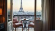 © abu - Hotel balcony view of the Eiffel Tower, featuring a minimalist setup with coffee.