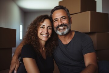 Wall Mural - Portrait of a smiling middle aged Hispanic couple in new home