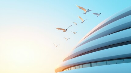 Canvas Print - Birds Flying Over Modern Building.