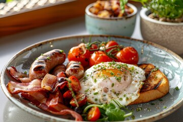 Traditional English breakfast with eggs, bacon, sausage, and tomatoes