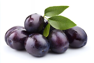 Wall Mural - A cluster of fresh plums with green leaves on a white background.