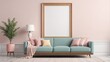 © Vexelion - A mockup of a blank poster frame sitting on top of a sofa, modern pastel color style living room