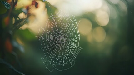 Wall Mural - An abstract view of a spiderweb, perfectly symmetrical and capturing the delicate geometry of nature, set against a soft, out-of-focus backdrop.