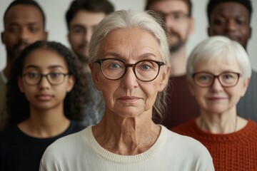 Poster - A diverse group of individuals stands in close formation, reflecting unity among various ages and ethnicities, creating a powerful sense of togetherness and inclusion. Generative AI