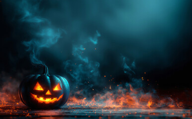 A scary pumpkin with glowing eyes and a smile stands on the floor, surrounded by mystical mist. The gloomy atmosphere of Halloween. Banner or card for product display or event announcement.