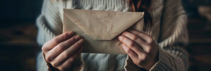 A young woman's hands gently hold a worn envelope, suggesting a sense of anticipation, mystery, and the promise of connection. The image symbolizes love, hope, new beginnings, nostalgia, and the power