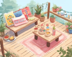 Fashionable bohemian outdoor setting with layered rugs, colorful cushions, and a low wooden table, ideal for a festive summer garden party