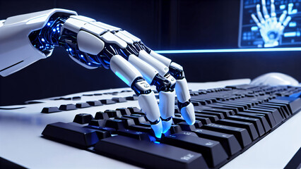 An elegant humanoid robot interacts with a keyboard in a high-tech environment that includes futuristic elements, illuminated panels and screens, displaying a sci-fi image of the future with an emphas