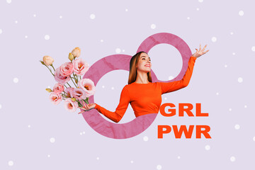 Poster - Creative collage image picture young woman girl power womens day march blossom celebrate postcard greeting congratulation blossom