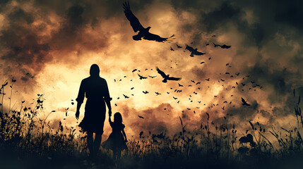 Wall Mural - Father and daughter silhouette. Death and afterlife. Flying birds