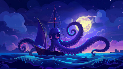 The Monster octopus crashing ship in ocean, game background, Illustration