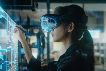 Poster - Female Engineer Designing with Holographic Technology in Future Lab  