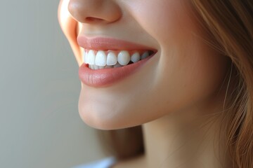 close up shot of woman perfect white smile showcasing dental health and beauty with natural lighting