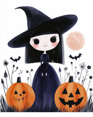 Charming Halloween witch stands among pumpkins and bats, creating a whimsical autumn scene full of enchantment and fun.