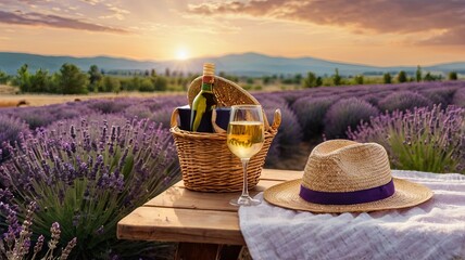 Two glasses of white wine and a bottle placed against the backdrop of a lavender field. Nearby, a straw hat and a basket filled with lavender flowers rest on a blanket spread over a picnic table