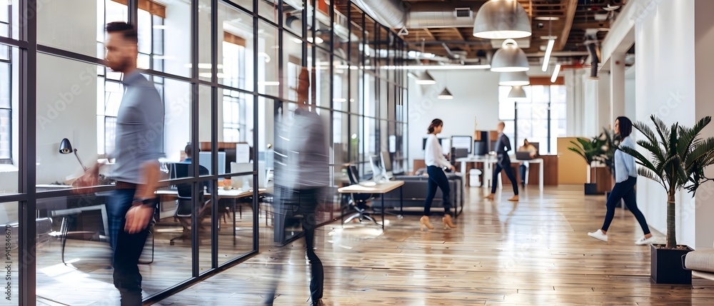 Open Working Environment Modern office featuring glass partitions, wooden floors, and people in ...