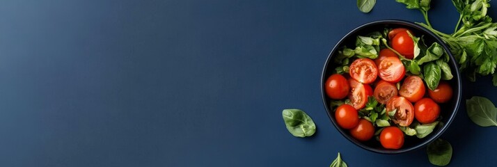 A bowl of fresh tomatoes and greens on a blue background. The salad is a healthy and refreshing option for a light lunch or dinner.  The image is a great representation of healthy eating and a plant-b