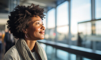 African American woman gazes out the airport window, awaiting her next journey. Anticipation of travel as she stands against backdrop of a bustling terminal. Moment of reflection before adventure.