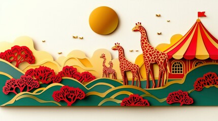 Poster - Paper Cutout Landscape with Giraffes and Circus Tent