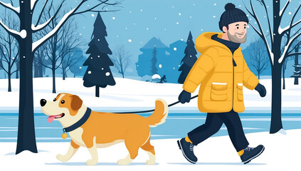 man with dog walking in park in winter, flat design, cartoon illustration