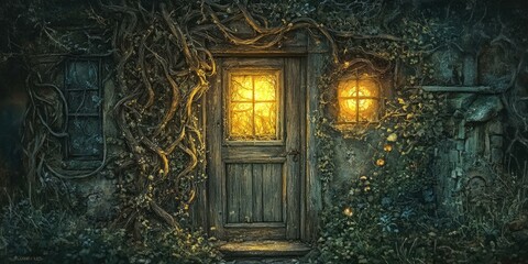 Wall Mural - Enchanted wooden door in overgrown forest.