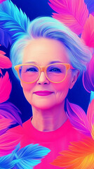 Wall Mural - Beautiful adult smiling woman in glasses, colorful stylish illustration