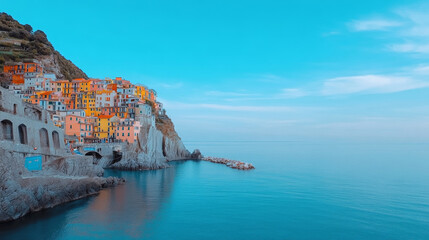 a stunning view of a colorful village perched on a cliff overlooking a calm, turquoise sea. the vibr