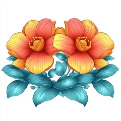 Poster - Two Colorful Flowers with Blue Leaves