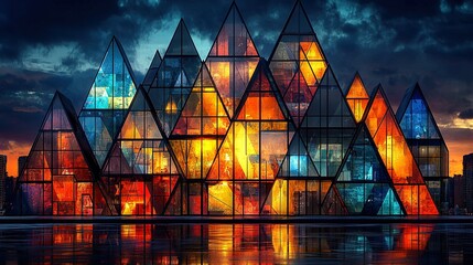   A vibrant structure adorned with numerous windows and illuminated by an array of lights