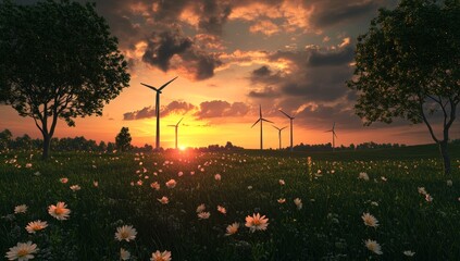 Wind turbines on a flowering meadow at sunset: Wind farm concept. Stock photo.